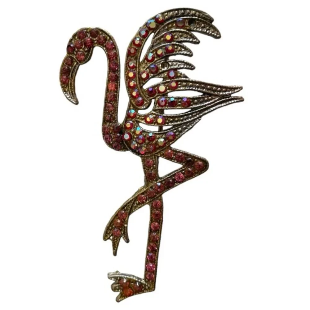 Vintage Pink Flamingo Sparkling Rhinestone Brooch Pin